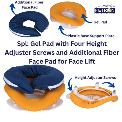 Face down pillow with gel pad adjustable height screws and fiber cushion designed for vitrectomy and macular hole surgery recovery