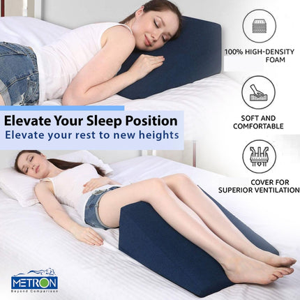 Metron wedge pillow used for leg elevation helping reduce swelling and improving comfort while resting on bed