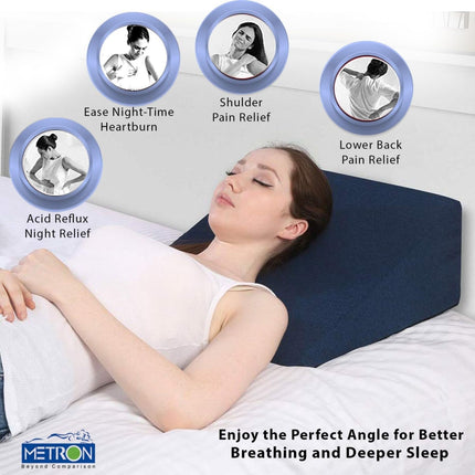 Metron wedge pillow for acid reflux relief back pain support shoulder discomfort and better breathing during sleep