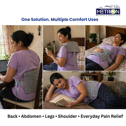 Heating pad used for back pain abdomen cramps leg pain and muscle soreness for full body pain relief at home by Metron