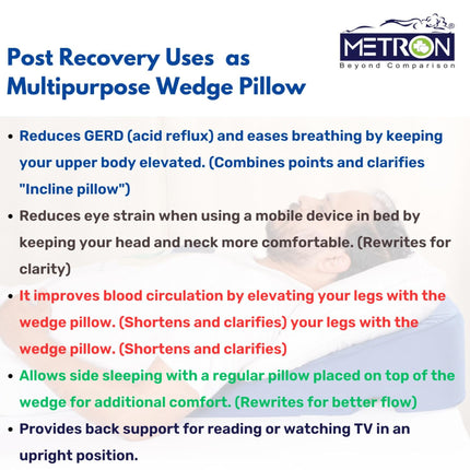 multipurpose wedge pillow after eye surgery recovery for GERD support leg elevation side sleeping and backrest use