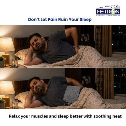 Man suffering from back pain at night and then relaxing using heating pad for better sleep and muscle relaxation by Metron