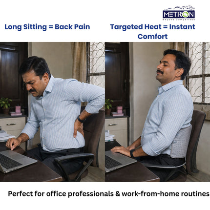 Office worker experiencing back pain while sitting and getting relief using heating pad during work from home routine by Metron