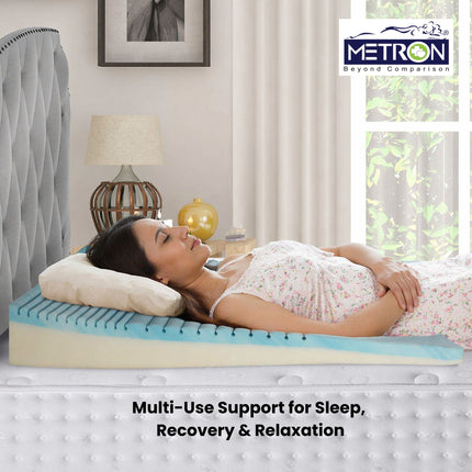 woman resting comfortably on wedge pillow for improved sleep posture and relaxation at home metron