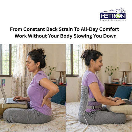 Work from home back pain relief solution using heating pad, helps reduce lower back strain during long sitting hours, comfortable daily use by Metron